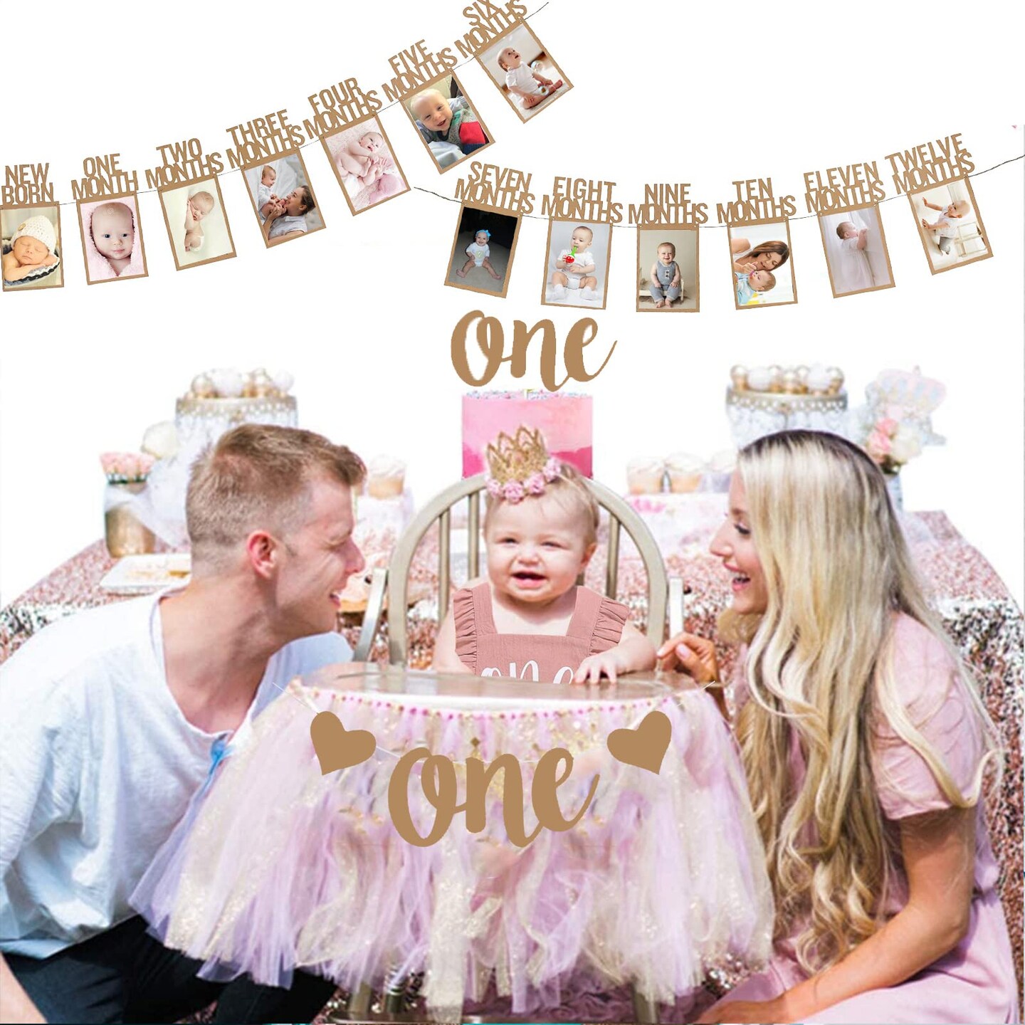 1st Birthday Baby Photo Banner for Newborn to 12 Months And Alphabet ONE Bunting, Alphabet ONE Cake Topper for Baby Show First Birthday Party Decoration