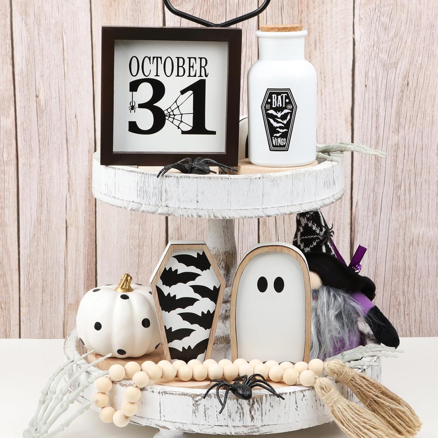 Halloween Decor Set - Potion Bottles, Bat Coffin, Ghost, Wood Signs &#x26; Bead Garland for Tiered Trays
