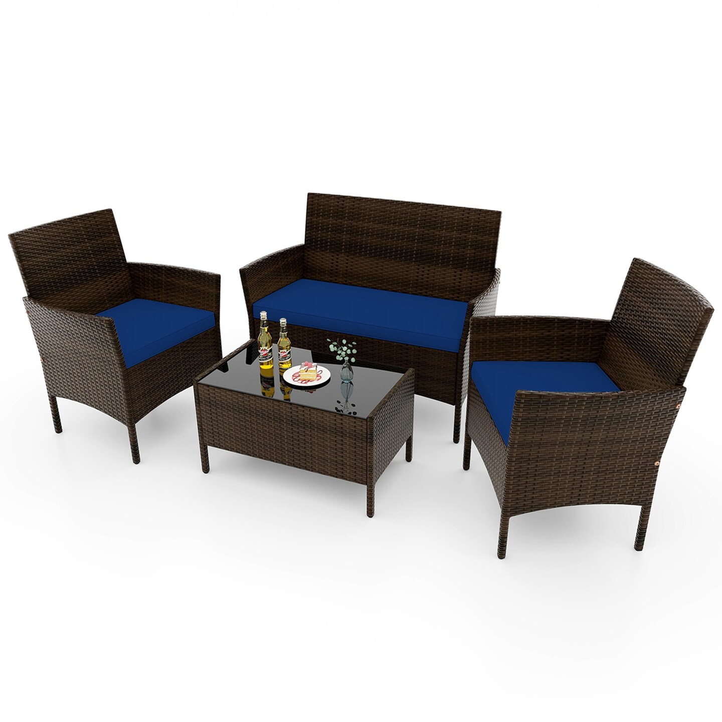 Costway 4 PCS Patio Furniture Set with Washable Cushions and Tempered Glass Coffee Table Beige/Black/Navy/Grey/Turquoise/Red/Blue/Orange