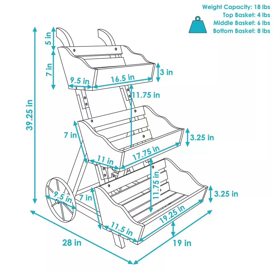 39.25 in 3-Tier Wood Rolling Planter Box with Iron Wheels - Brown