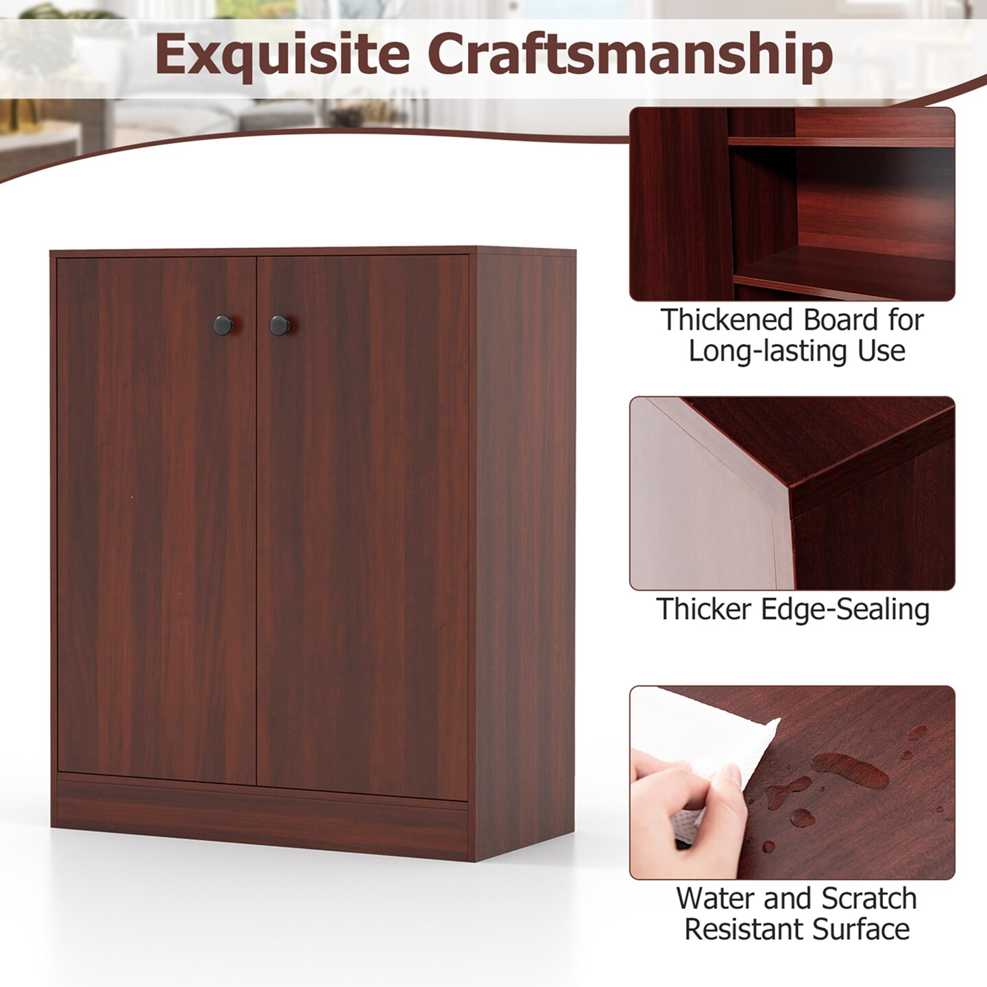 Costway 2-Door Storage Cabinet Freestanding Storage Organizer with 3-Tier Shelf Entryway Black/Brown