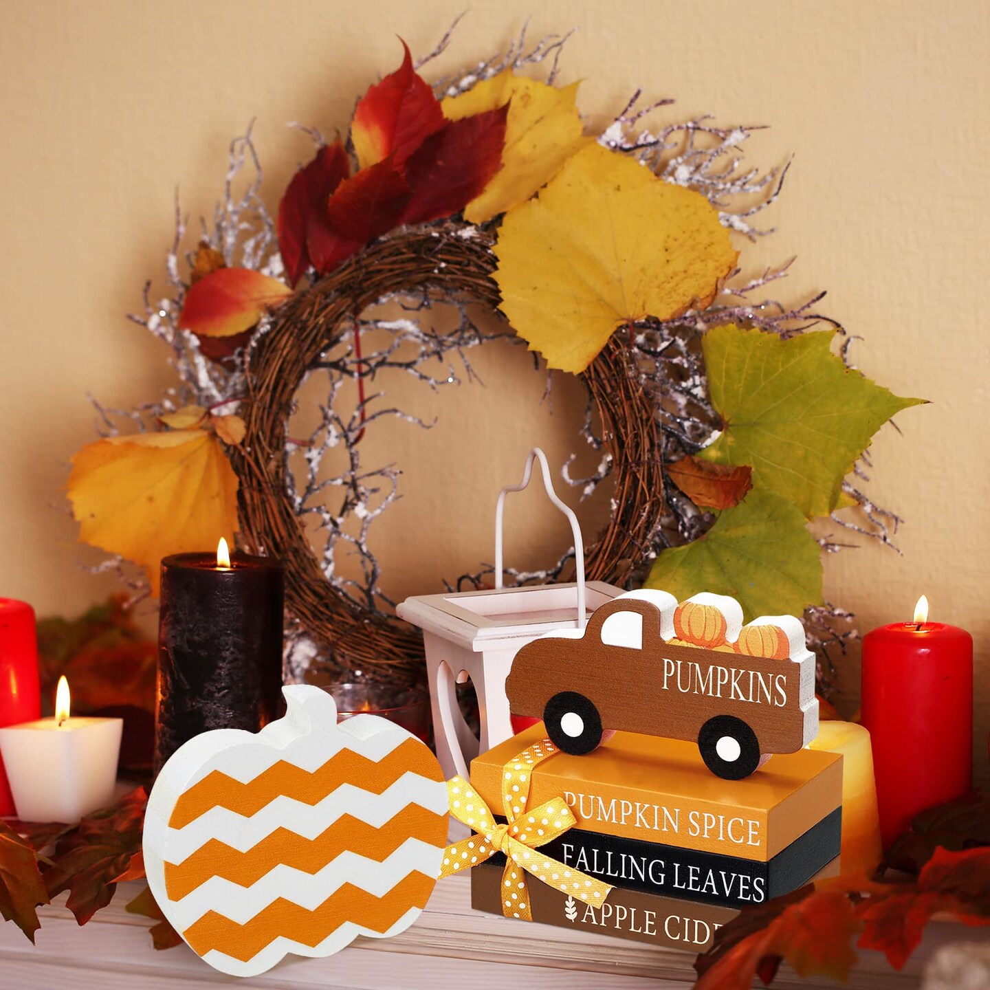 5 Pieces Fall Decor Fall Tiered Tray Decor Thanksgiving Wooden Signs 3 Mini Faux Decorative Books Bundle with Twine Pumpkin Wooden Truck Farmhouse Rustic for Autumn Thanksgiving Table Decor (Pumpkin)