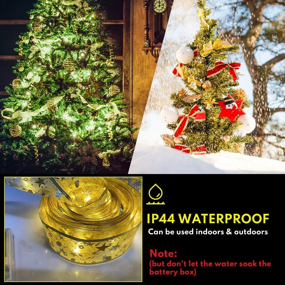 LED Ribbon Fairy String Lights Christmas Tree Top Topper Light Up Bow Xmas Decor