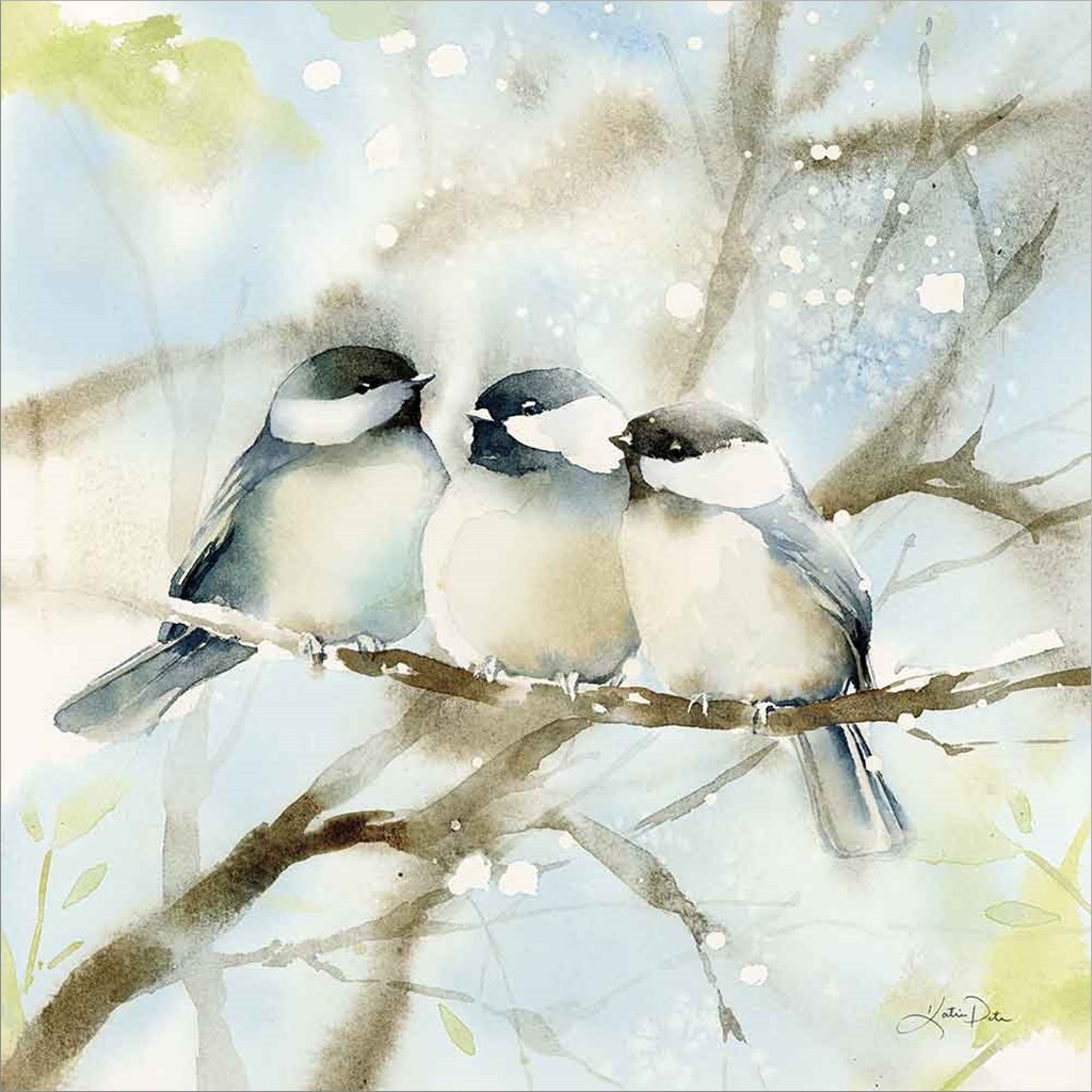 Three Chickadees in Spring Sq by Katrina Pete 12" x 12" Canvas Wall Art