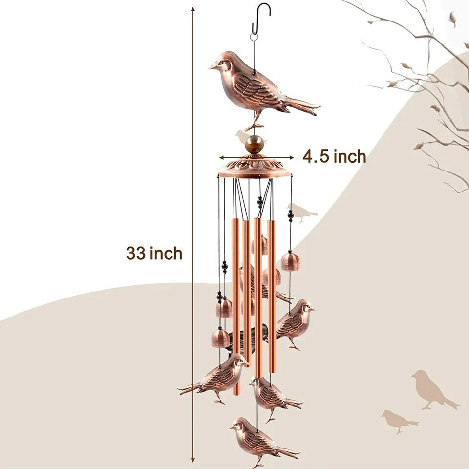 33&#x22;Large Bird Metal Wind Chimes Outdoor Garden 4Tubes Bells Home Yard Decor Gift