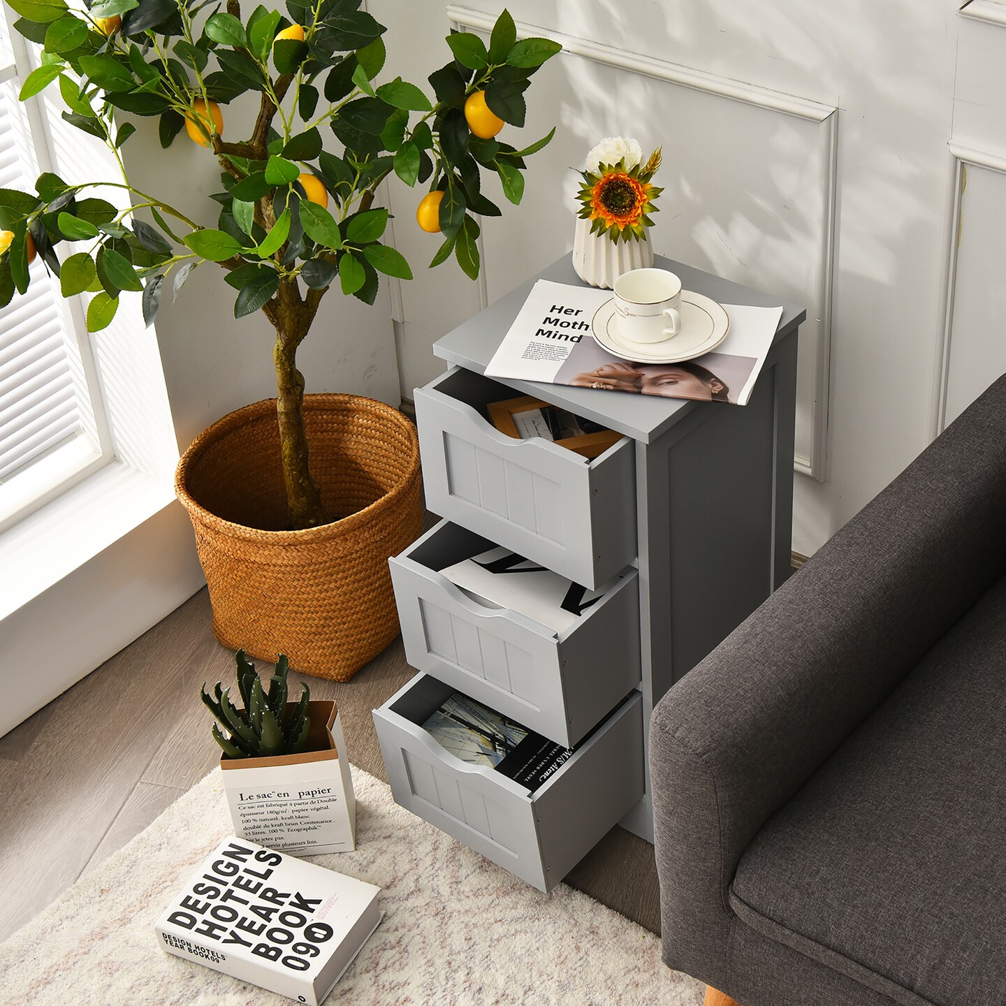 Costway Bathroom Floor Cabinet Freestanding Storage Organizer w/ 3 Drawers Grey
