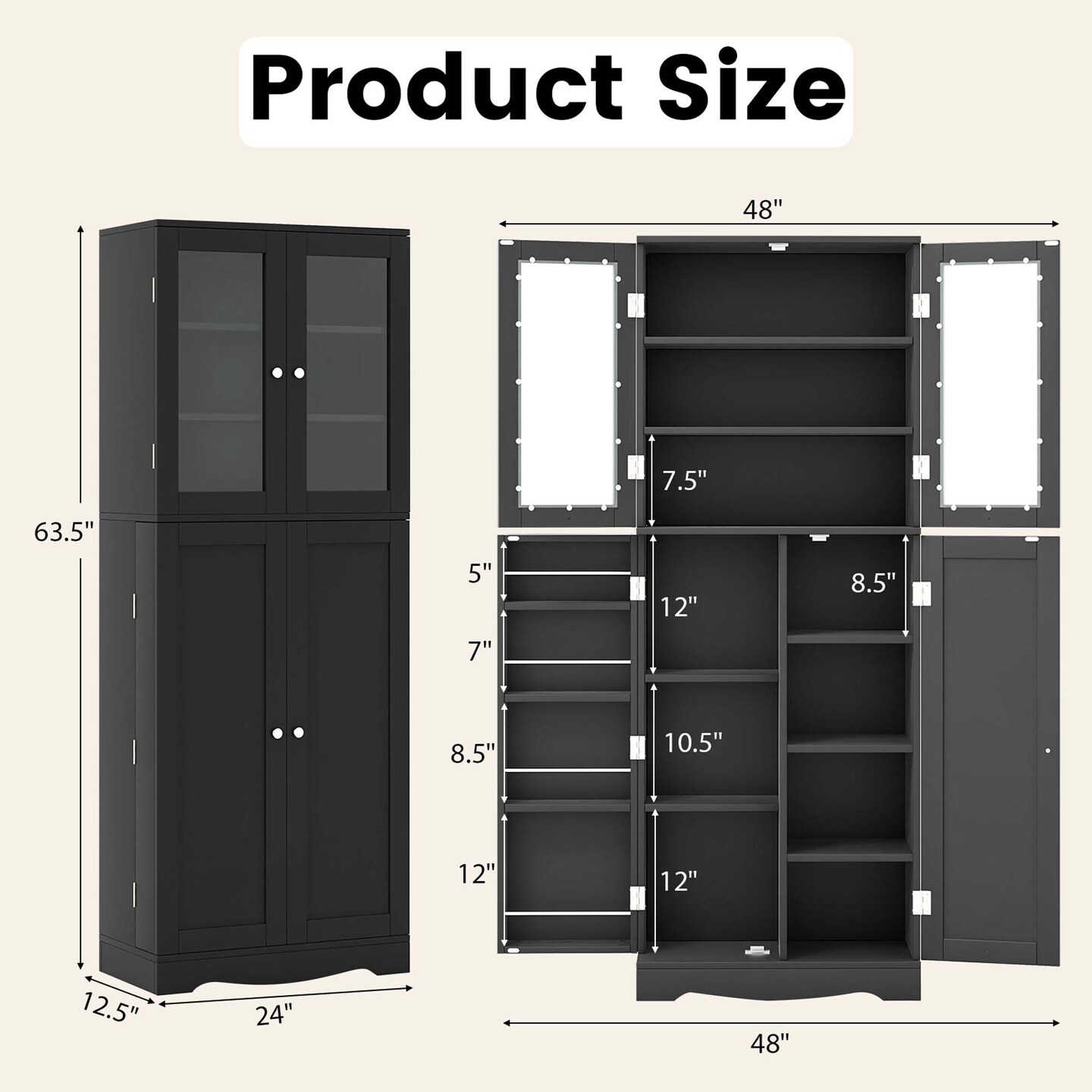 Costway 63.5&#x22; Tall Kitchen Pantry Storage Cabinet with Glass Door Storage Shelves Black/White