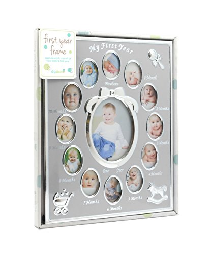 tiny ideas Baby&#x27;s First Year Picture Frame, 0-12 Month Baby Pictures, Newborn Baby Registry, Classic Gender Neutral Nursery Decor, Silver