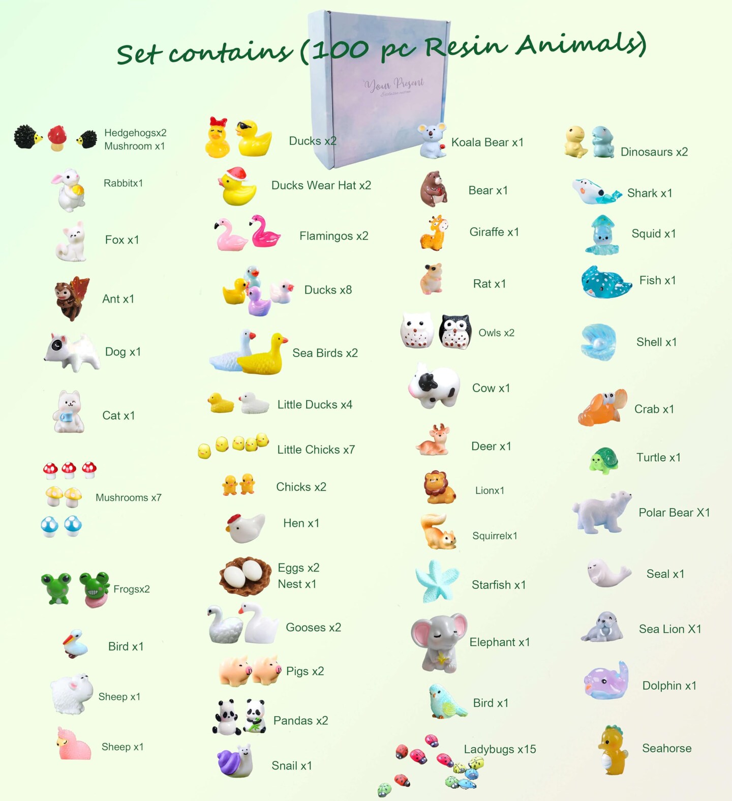 100 Pieces Mini Resin Animals Figures Set for Miniature Garden Decor - Slime Charm for Craft - Tiny Resin Animal