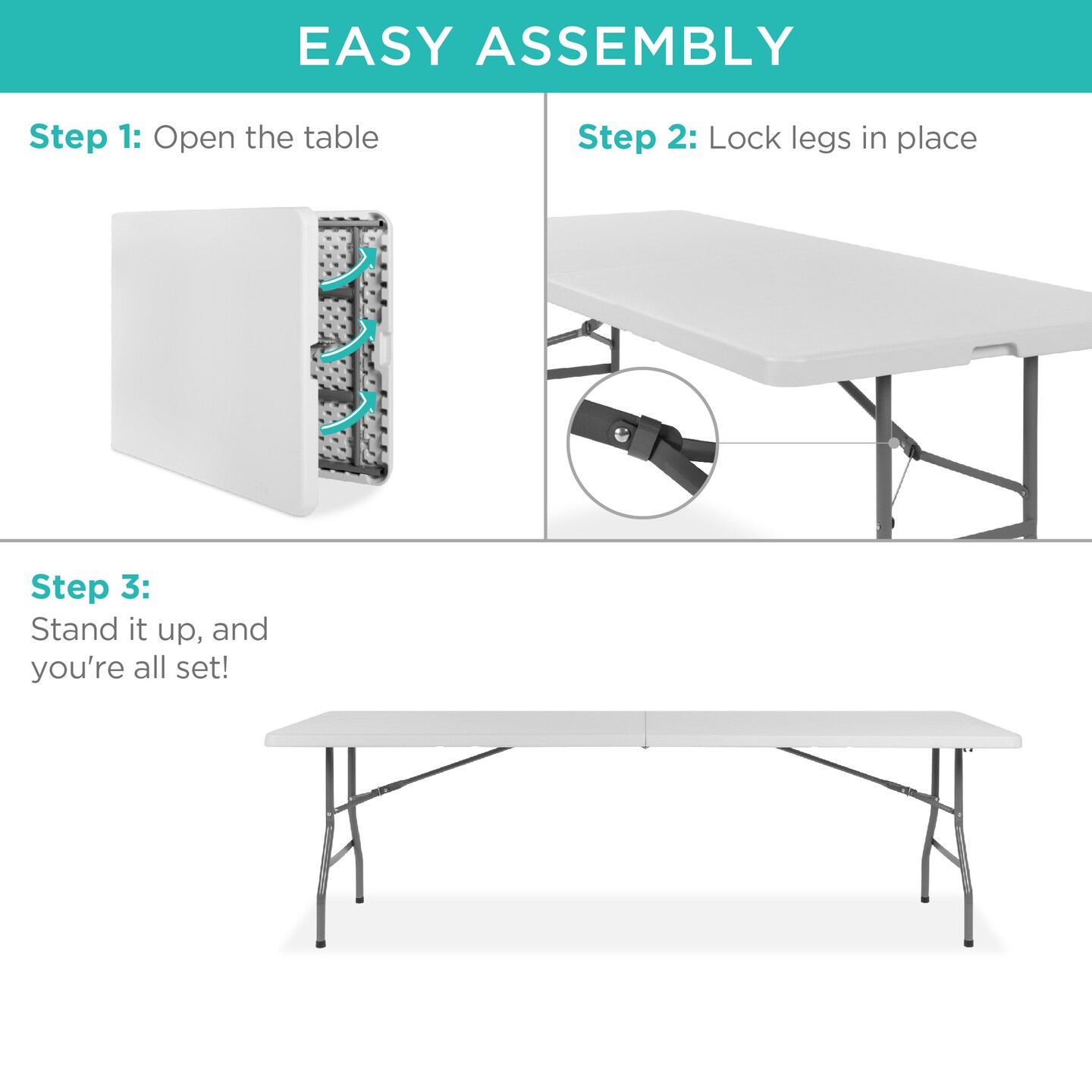 Best Choice Products 8ft Plastic Folding Table, Indoor Outdoor Heavy Duty Portable w/ Handle, Lock for Picnic