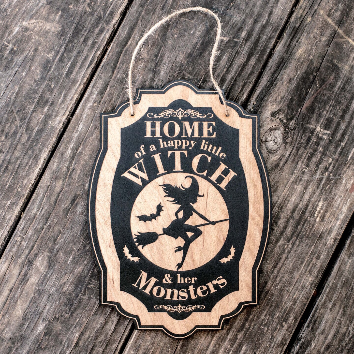 Home of a Happy Little Witch - Black Halloween Door Sign 7x9