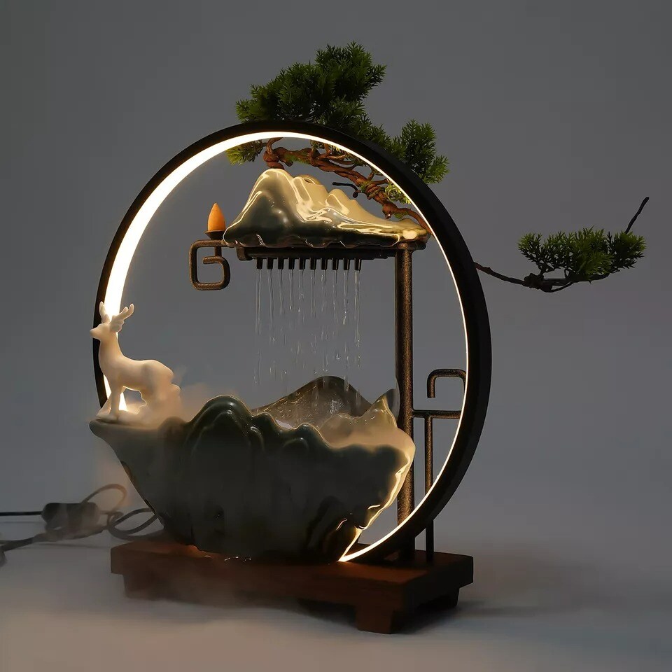 Indoor Water Fountain with Mist LED Light Incense Burner Waterfall Table Decor