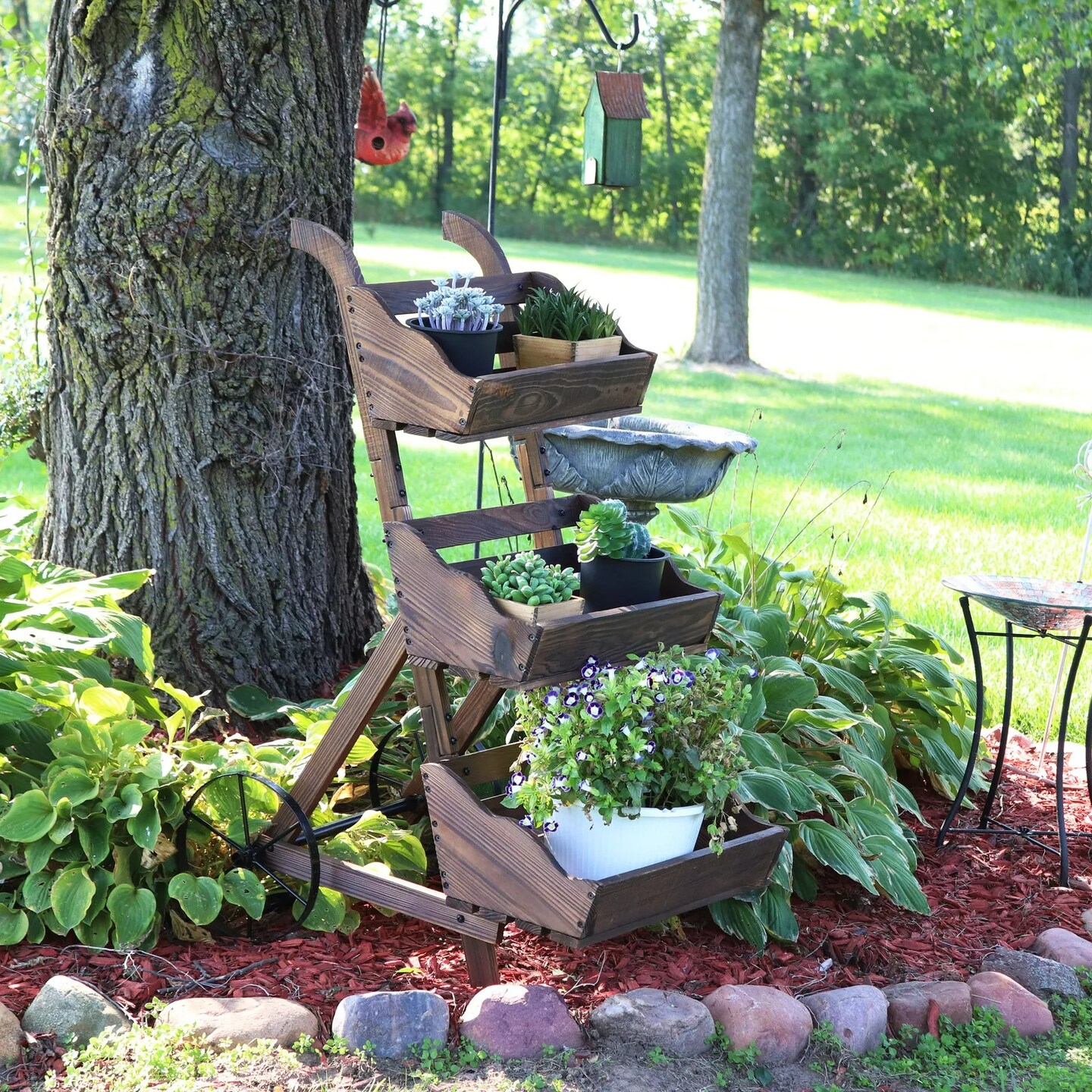 39.25 in 3-Tier Wood Rolling Planter Box with Iron Wheels - Brown