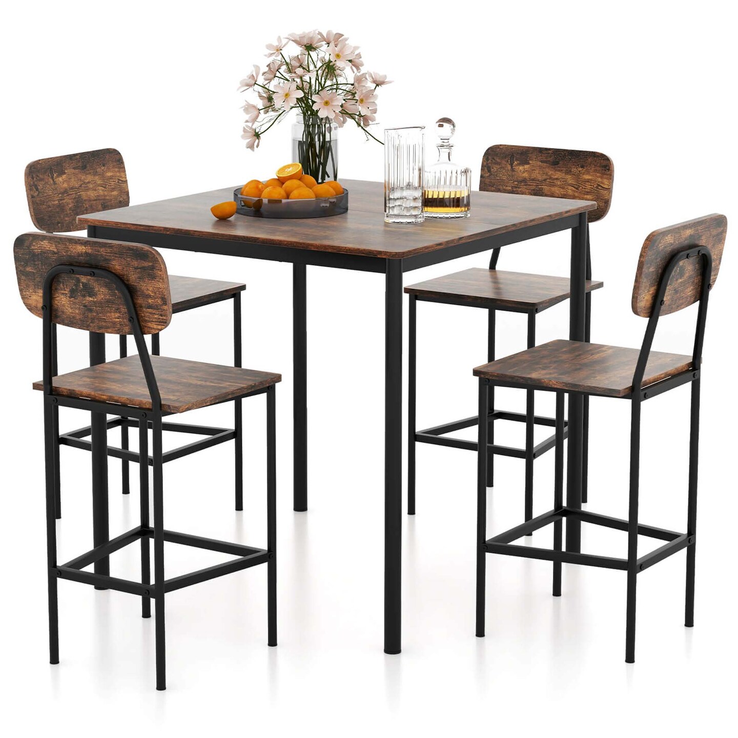 Costway 5-Piece Industrial Dining Table Set with Counter Height Table & 4 Bar Stools Black/Grey/Walnut