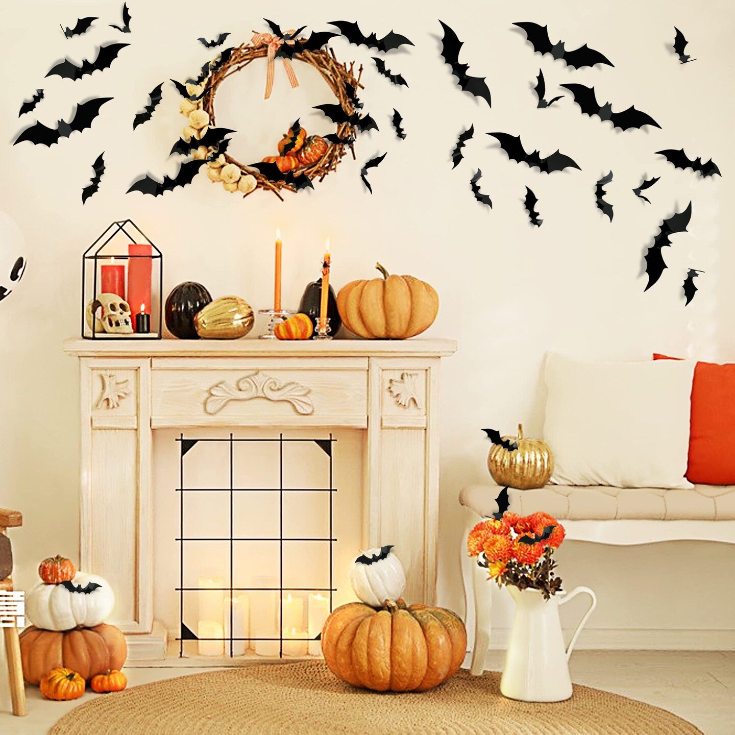 64 Pieces Halloween Decorations Bats Wall Decor Halloween Party Decorations Indoor Outdoor Halloween Decor Supplies,  Reusable PVC 3D Black Bats Stickers for Creepy Home Bathroom Decor