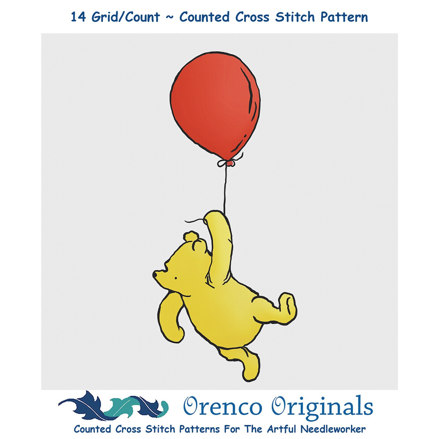 Winnie The Pooh Flies with Red Balloon Counted Cross Stitch Pattern