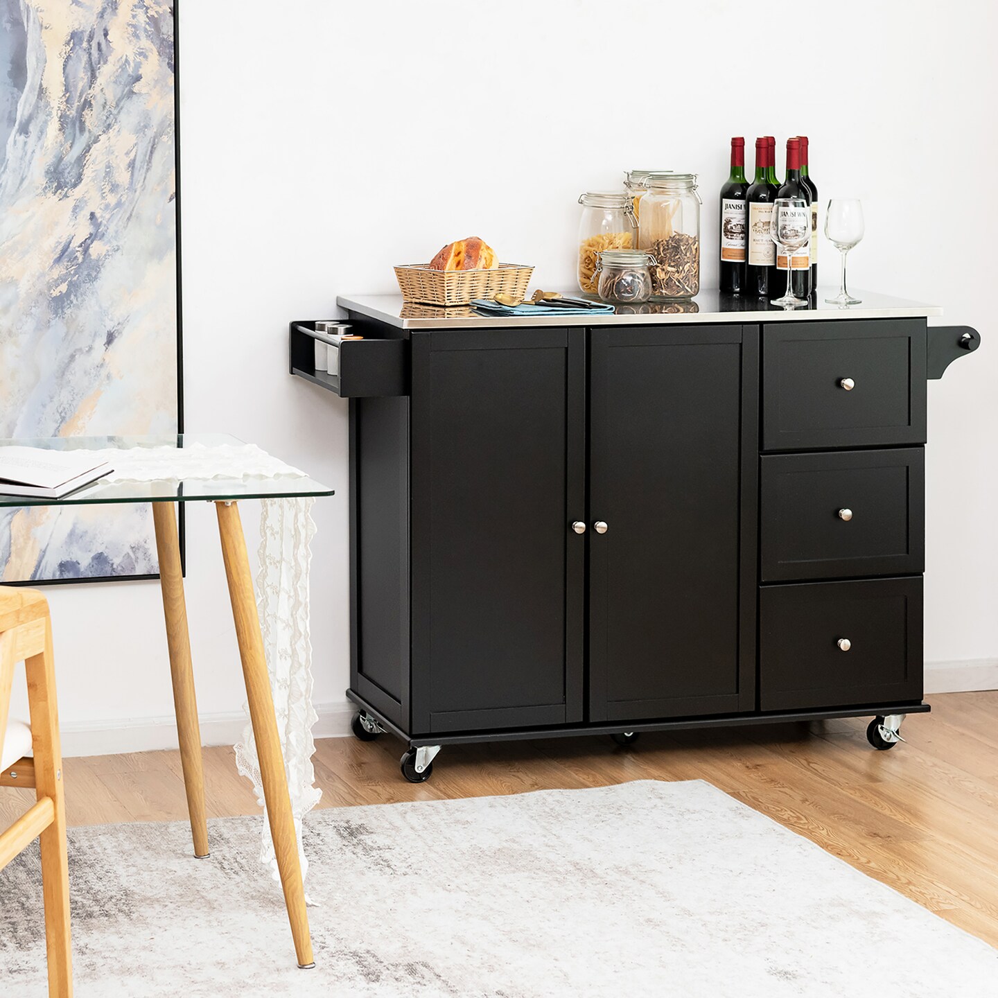 Costway Kitchen Island 2-Door Storage Cabinet Stainless Steel Top w/ Drawers