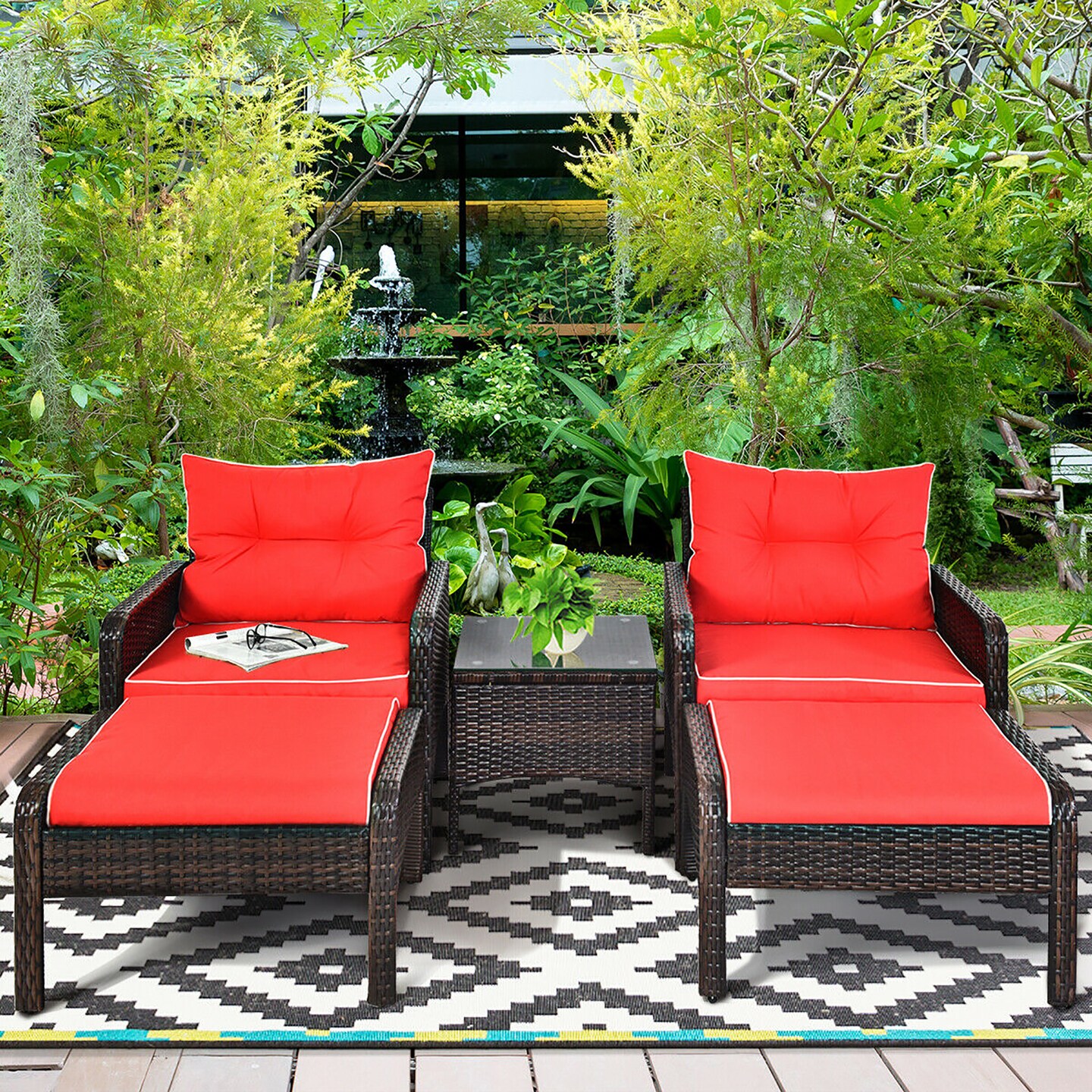 Costway 5 PCS Patio Rattan Furniture Set Sofa Ottoman Table w/Cushion Garden Red