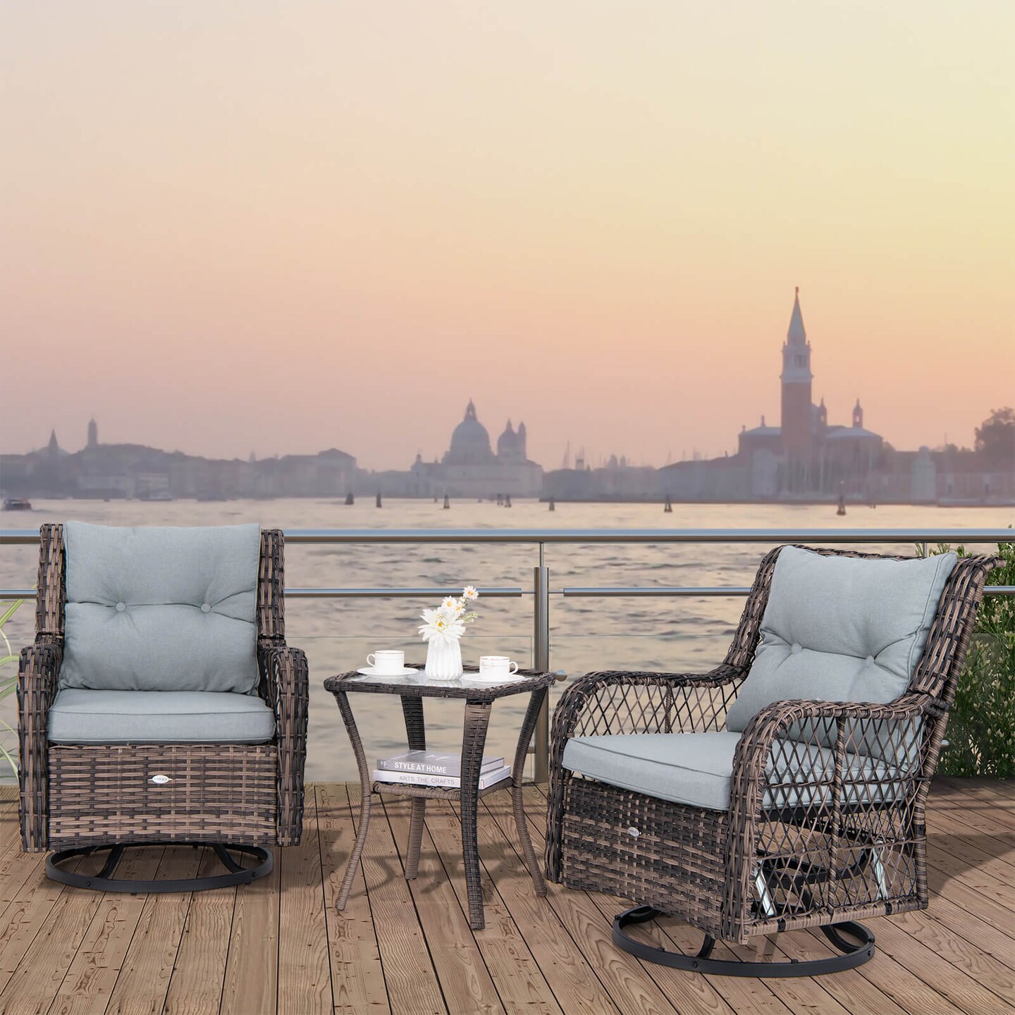 Costway 3 PCS Patio Furniture Set Rocking Chairs Set of 2 with Glass Top Side Table