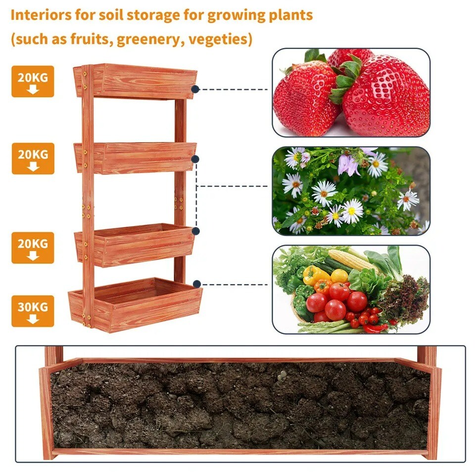 Wooden Vertical Raised Garden Bed 4 Tier Elevated Planter Box Slope Adjustable