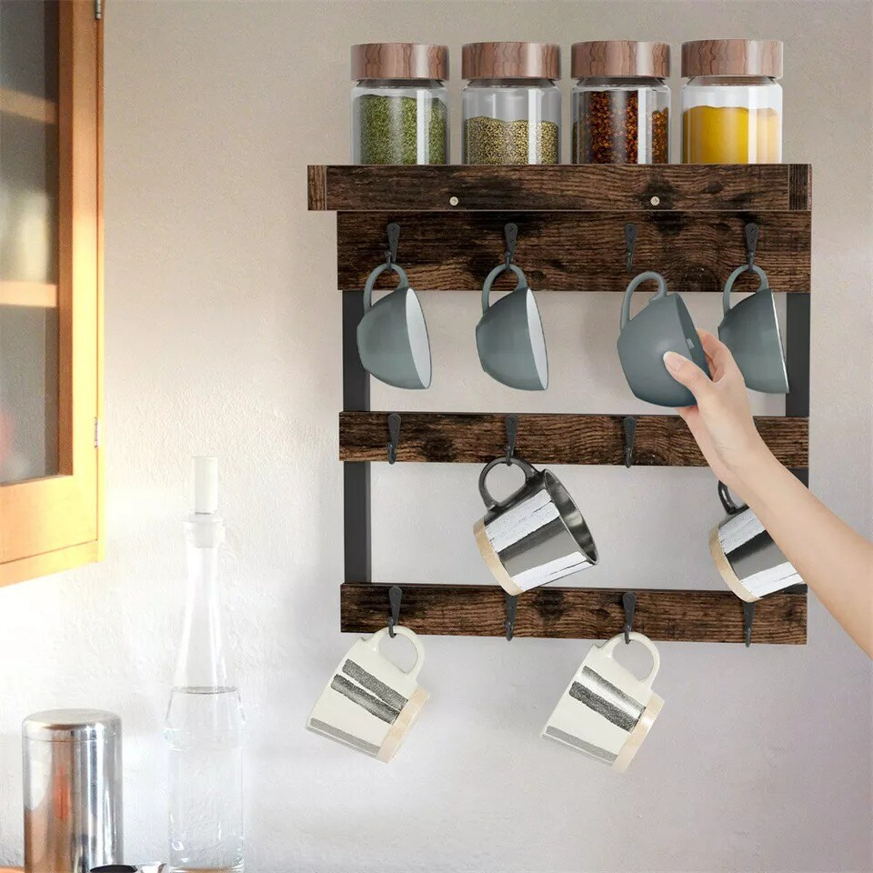 12 Hooks Wood Wall Mounted Coffee Mug Rack Storage Shelf for Kitchen Cafe Office