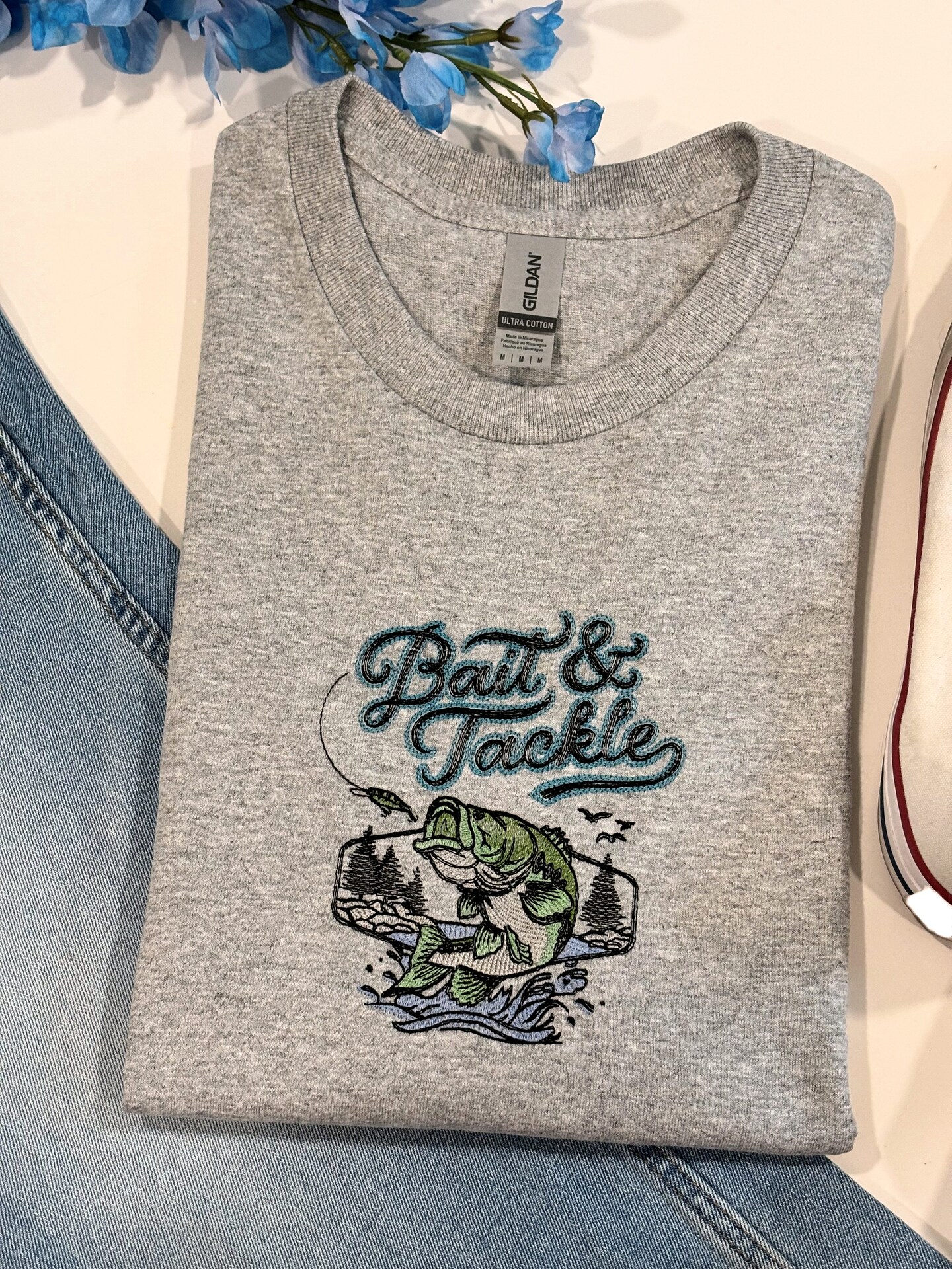 Bait And Tackle Embroidered T-Shirt | Fish T-Shirt | Bass Fish Shirt | Fishing T-Shirt | Nature Lover Gift | Fishing Gift | Outdoors Gift