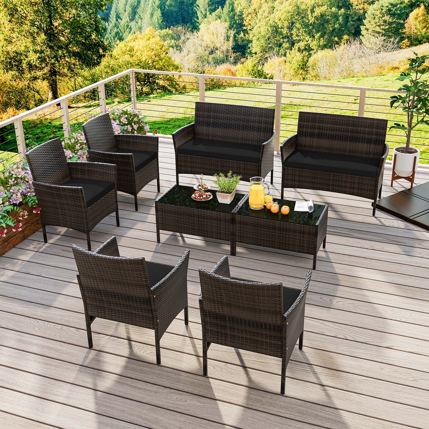 Costway 8 PCS Patio Furniture Set with Washable Cushions and Tempered Glass Coffee Table Black/Grey/Navy/Turquoise/Red/Blue/Orange