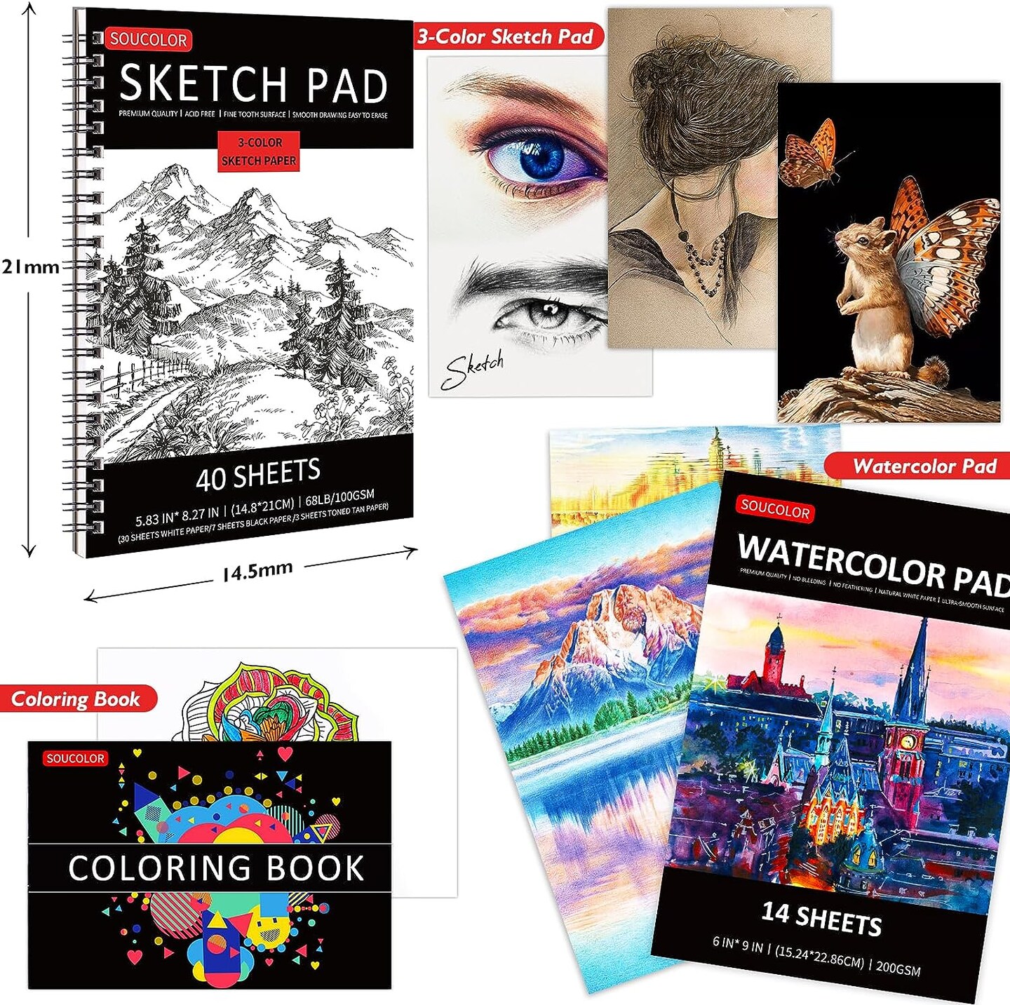 76-piece set of art supplies, including a 3-color sketchbook, coloring book, watercolor pad, and metallic colored pencils in graphite, charcoal, and teen colors. Ideal for adults, kids, and teens.