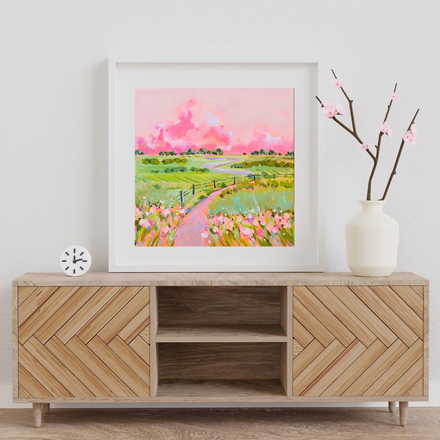 Wildflowers Countryside Landscape in Happy Bright Colors- Art