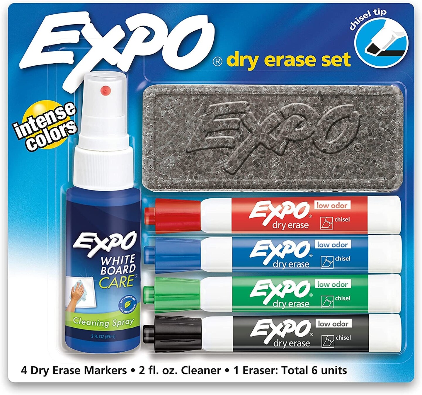 Low Odor Dry Erase Marker Set with White Board Eraser and Cleaner, Chisel Tip Dry Erase Markers, Assorted Colors, 6 Piece Set with Whiteboard Cleaner