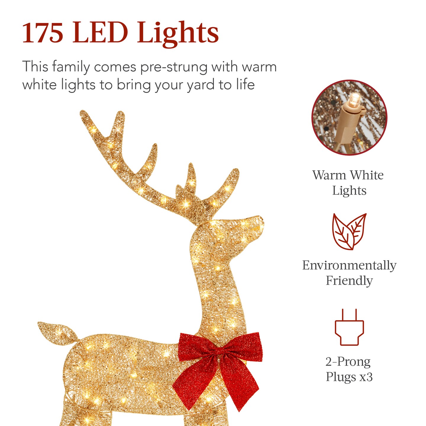 Best Choice Products 4ft 3-Piece Lighted 2D Christmas Deer Set Outdoor Yard Decoration w/ 175 LED Lights, Stakes