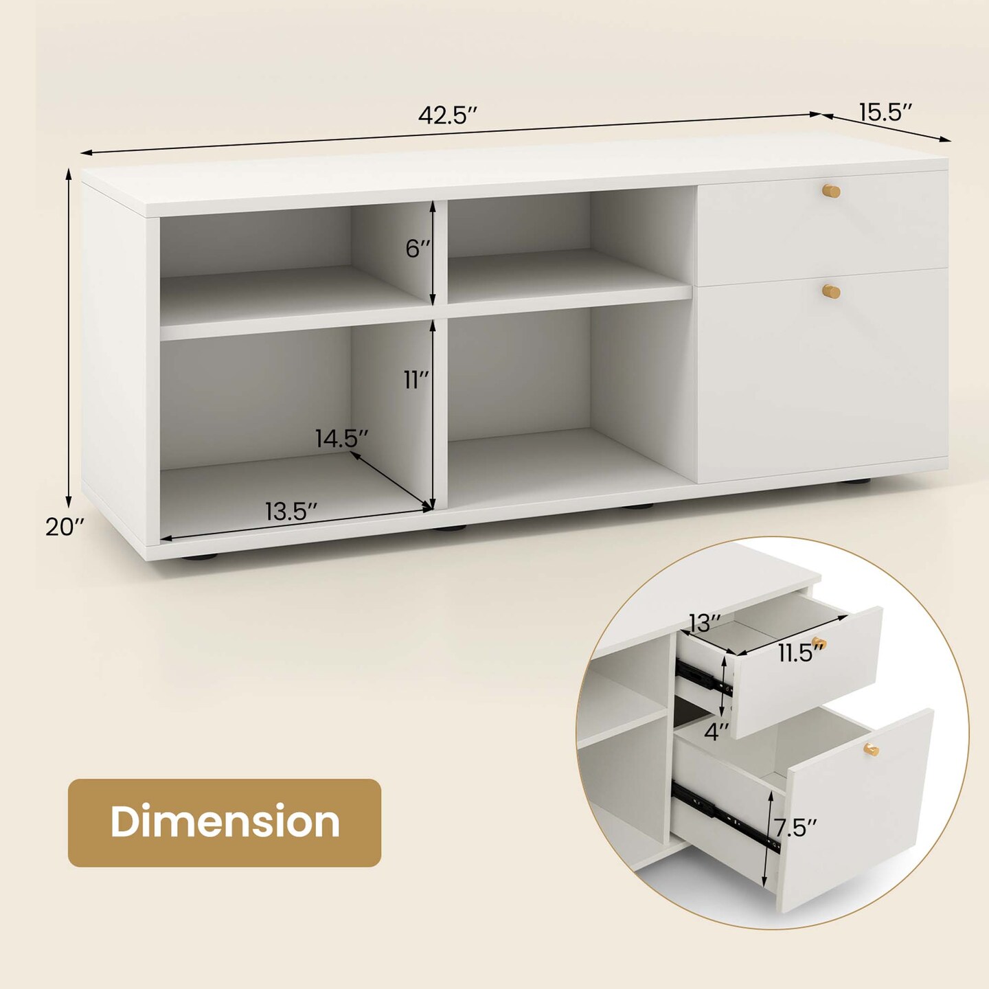 Costway Storage Cabinet with 2 Drawers 4 Cubes Adjustable Feet Floor Display Cabinet White