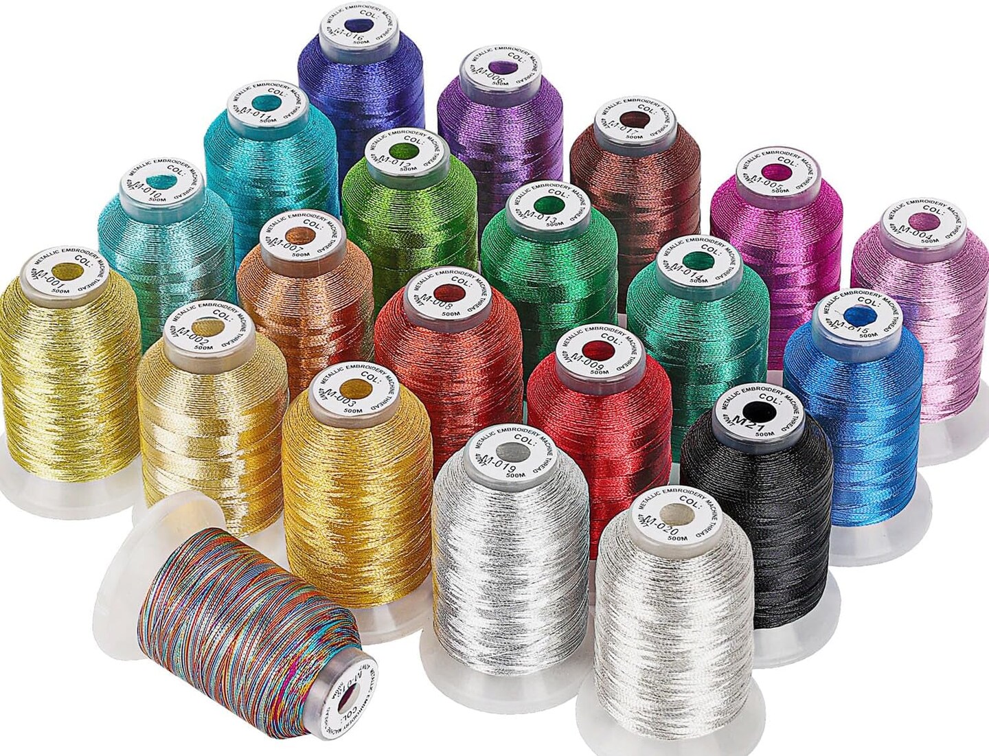 21 Assorted Colors Metallic Embroidery Machine Thread Kit 500M (550Y) Each Spool for Computerized Embroidery and Decorative Sewing