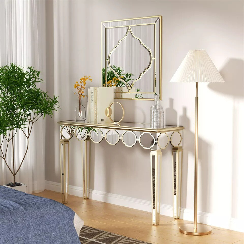 Modern Mirrored Console Table Vanity Makeup Desk Glass Entryway Table Gold Rim