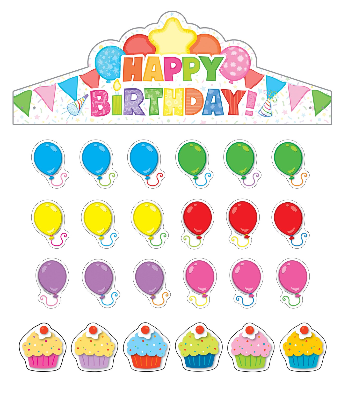 Carson Dellosa 102 pc Bundle of Birthday Decorations, Crowns, Colorful Balloons and Cupcake Cutouts for Party, Classroom, Bulletin Board, and Wall Decor