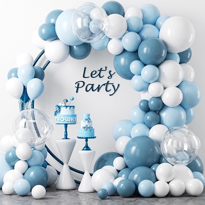 111pcs Dusty Blue and White Balloon Garland Arch Kit – Assorted 18/12/5 Inch Slate Blue, Matte White & Clear Bobo Balloons – Premium Decoration Set for Baby Shower, Wedding, Bridal Shower & Birthday