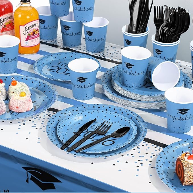 350pcs Class of 2026 Graduation Plates and Napkins Set, Disposable Paper Plate Set Polka Dots Plates Napkins Cups Knife Fork Spoon for Graduation Party Decorations and Supplies,Serve 50(Light Blue)