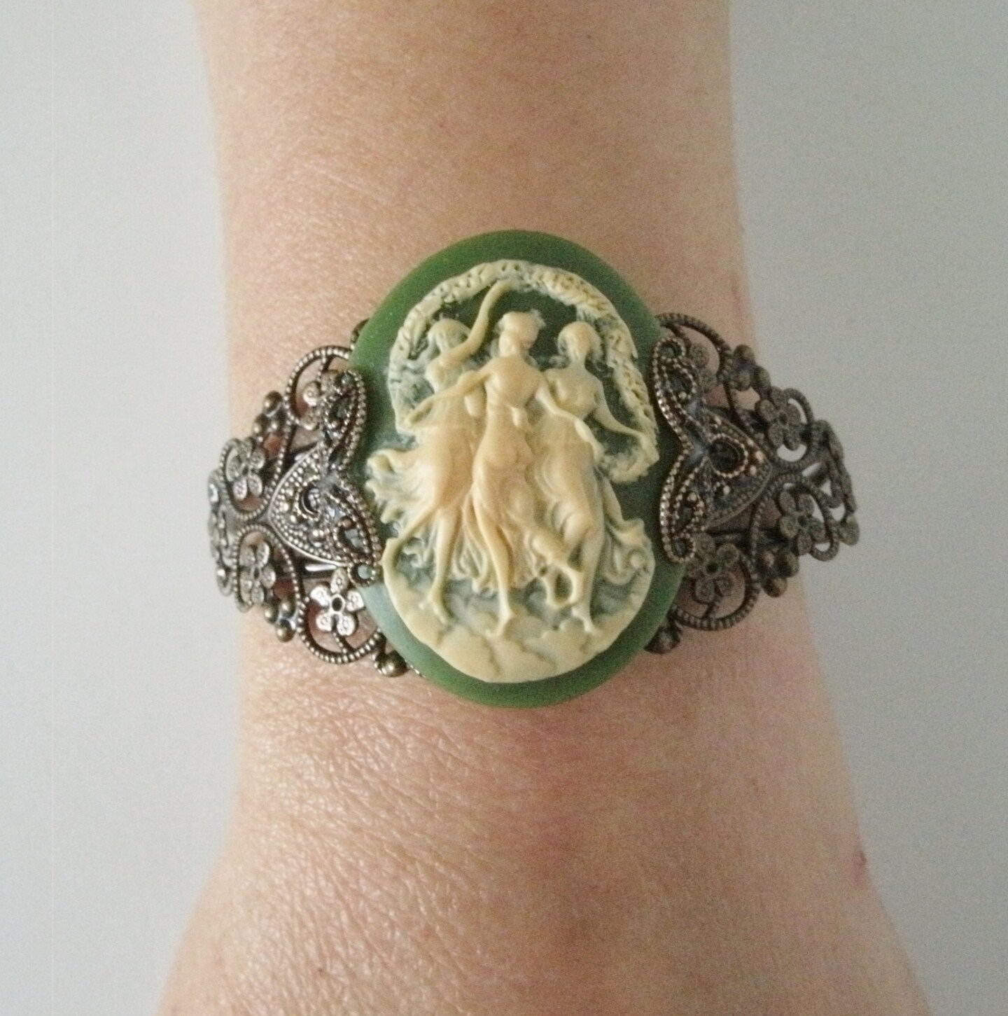 Unique Vintage Silvertone Art Nouveau Bracelet Repousse  Renaissance Rustic Vintage Art Nouveau Bracelet w Opals & Diamonds – Filigree  main image 4