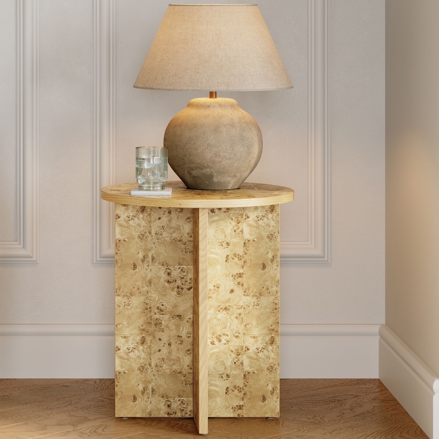Round Burl Wood Side Table - Modern Home, Bedroom, and Living Room Furniture - Wooden Nightstand - 16 Inch End Desk - Small Wooden Accent Table - Solid Base and Wood Grain Veneer Finish (Burl)