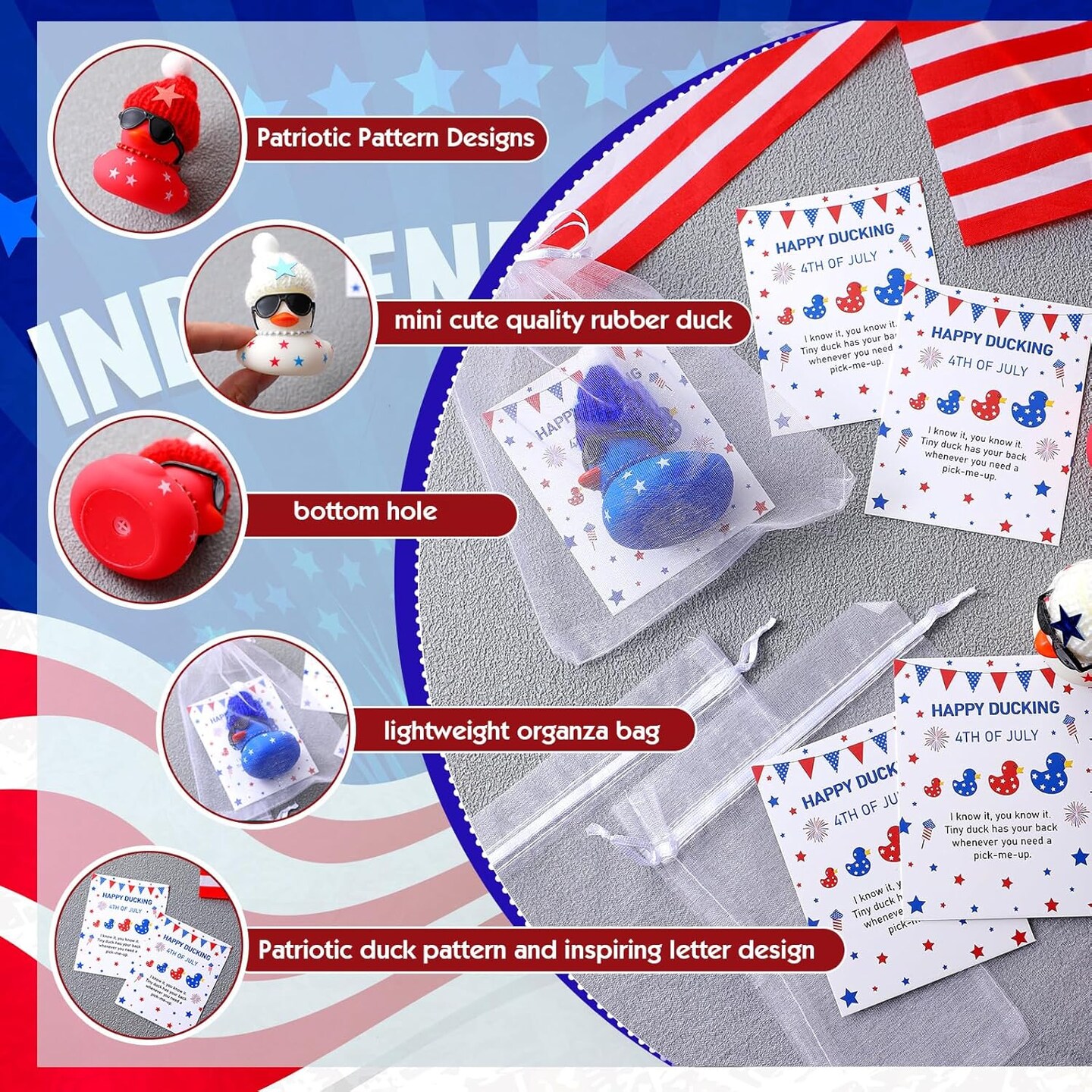 200 Pcs 4th of July Gifts Include 50 Pcs Patriotic Rubber Ducks 50 Red White Blue Cards 50 Organza Bags 50 Duck Hats for Memorial Independence Day 250th Anniversary Party Decor