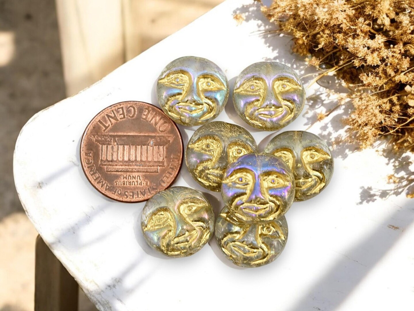 *15* 13mm Gold Washed Crystal AB Moon Face Coin Beads