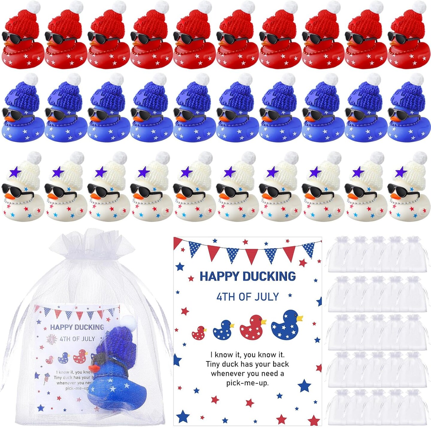 200 Pcs 4th of July Gifts Include 50 Pcs Patriotic Rubber Ducks 50 Red White Blue Cards 50 Organza Bags 50 Duck Hats for Memorial Independence Day 250th Anniversary Party Decor