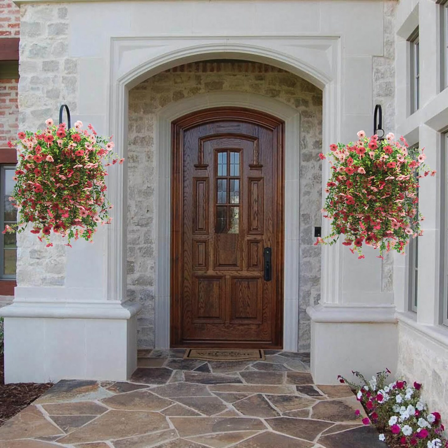 2 Pcs Artificial Hanging Flowers Plants for Outdoor Spring Decoration (Pink+Rose Red)