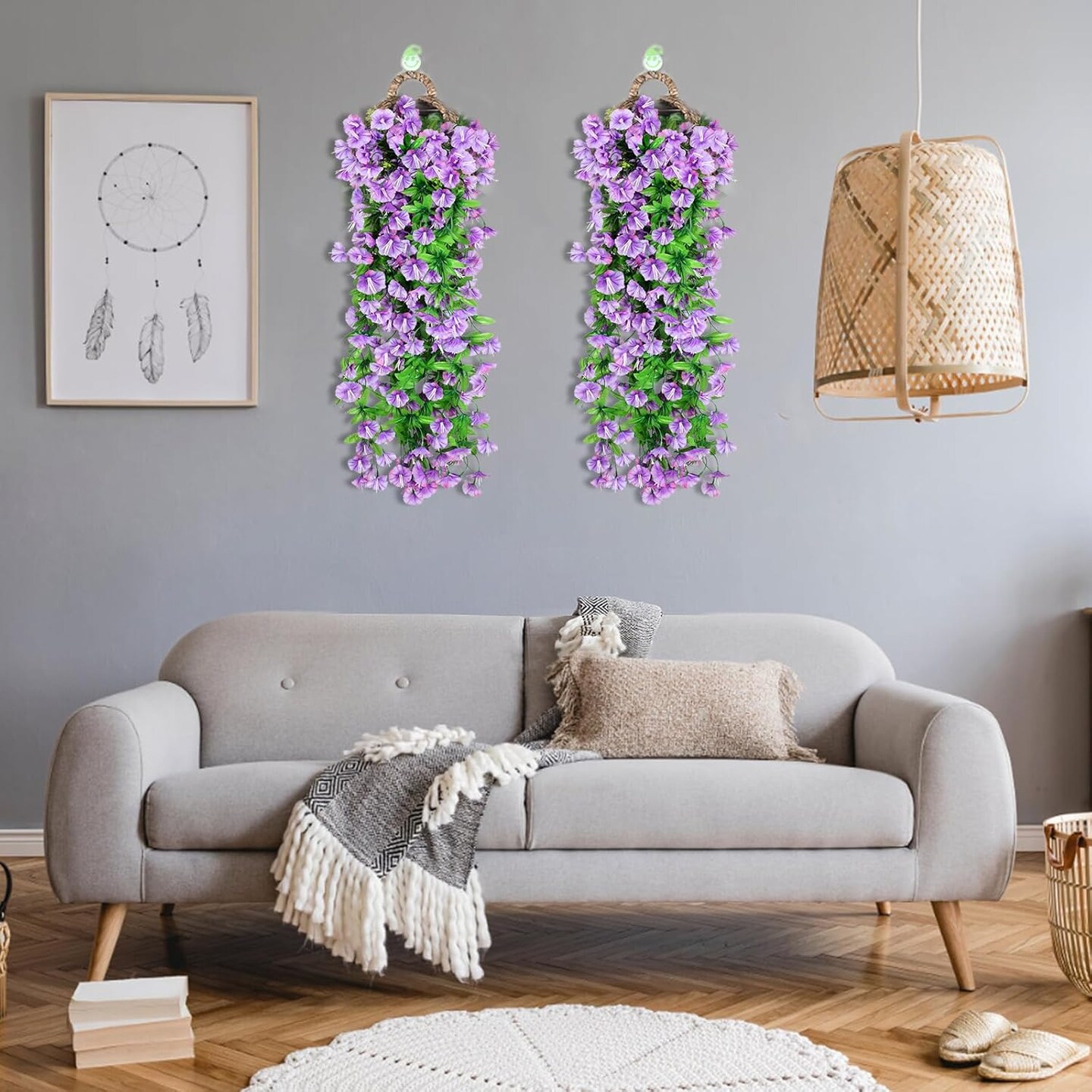2PCS Artificial Hanging Flowers, UV Resistant Fake Plastic Faux Hanging Plants Morning Glory Vines