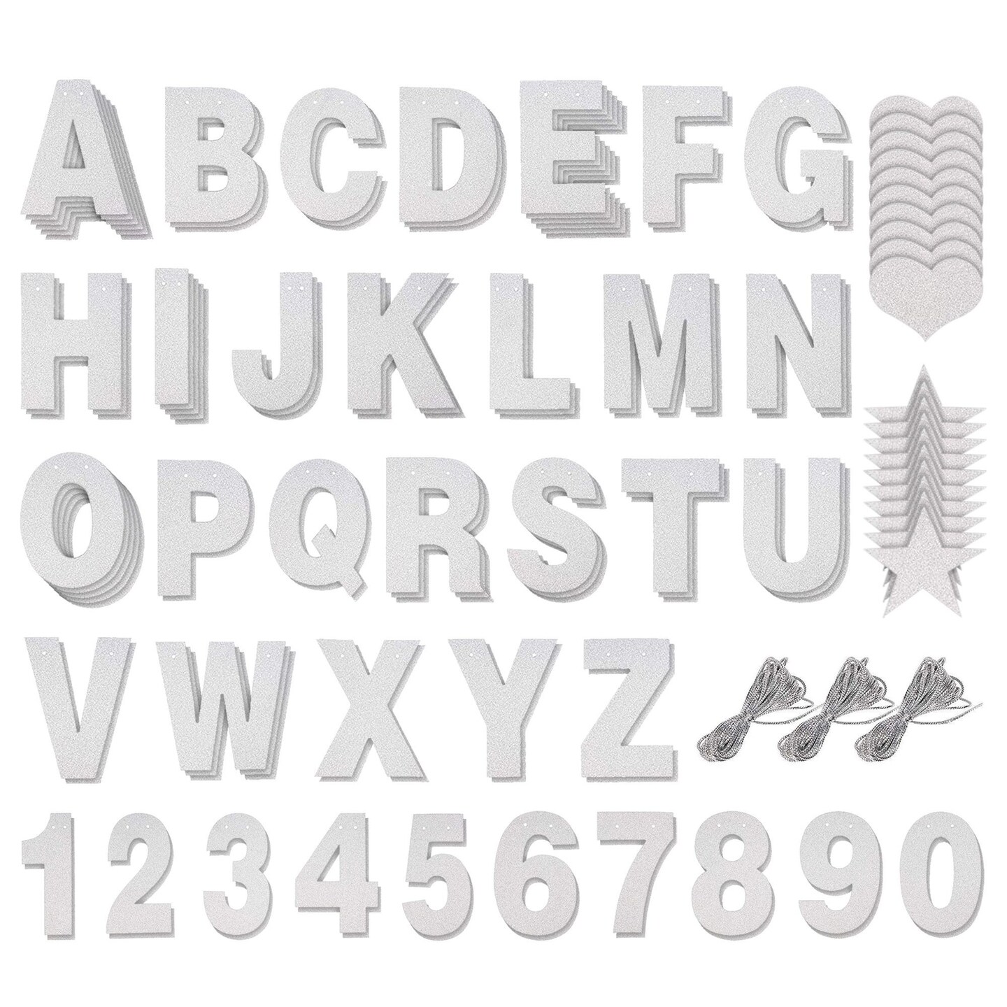 126 Pieces Make Your Own Banner Kit - DIY Banner with Silver Glitter Letters A-Z, Numbers 0-9, Hearts, Stars, and 3 Strings