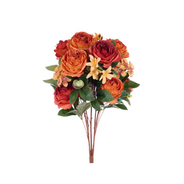 22&#x22; Flame Orange Artificial Cabbage Rose Bush &#x2013; 5 Bloom Fabric Floral Stem-FB1954A9