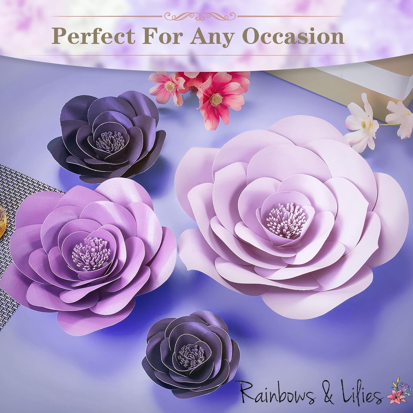 Large Paper Flowers Decorations for Wall, Wedding, Bridal Party,10pc Rose 3D Purple Wall Décor