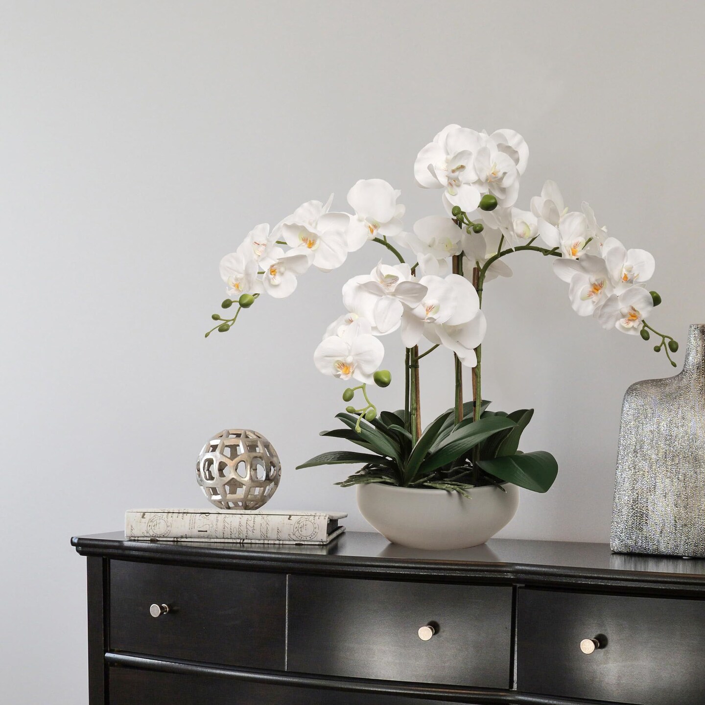 8-Pack White Phalaenopsis Orchids | 20&#x22; Faux Floral Arrangements in Grey Pots &#x2013; Bulk Decor for Homes, Events &#x26; Interiors
