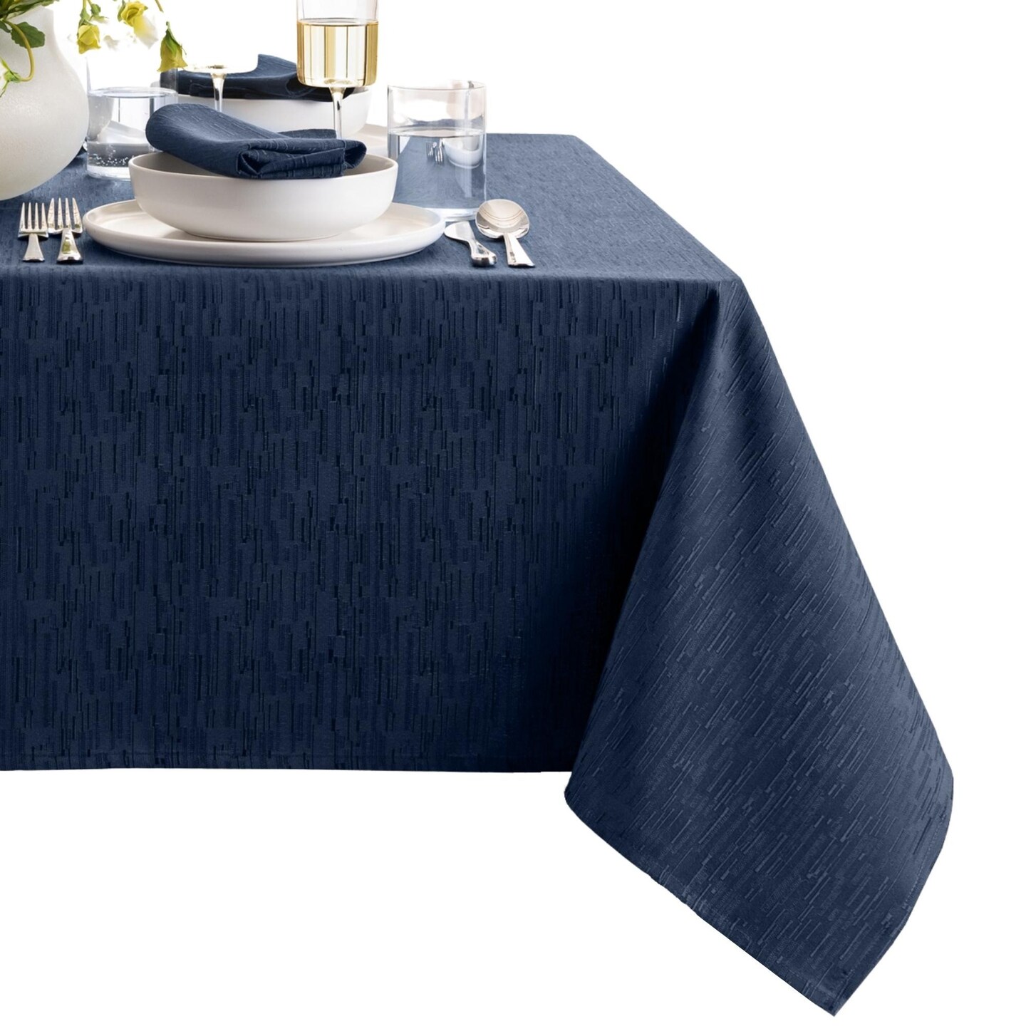 Threadmade Home Continental Solid Texture Water Resistant Tablecloth, Navy - 60"W x 144"L