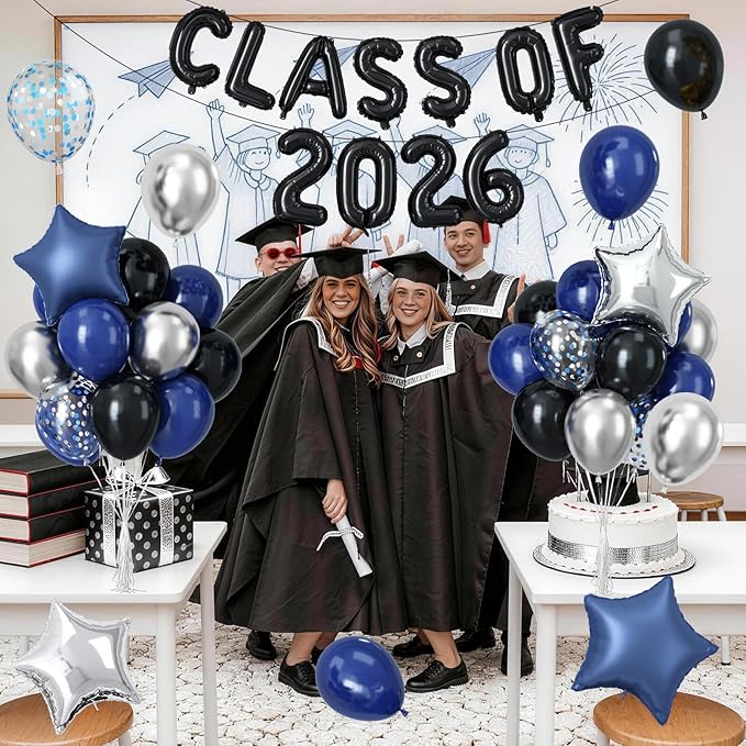 2026 Graduation Balloons Set, Black and Blue Silver Graduation Party Decorations Class of 2026 Balloons with Star Foil Balloon for Preschool High School College Congrats Grad Party Decorations